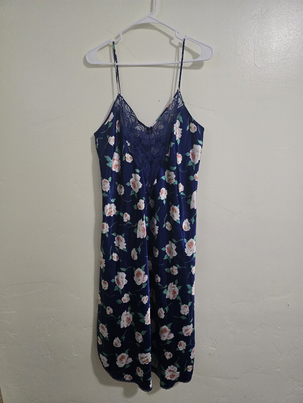 Vintage Deena Satin Lace Floral Midi Slip Dress Navy White Size L